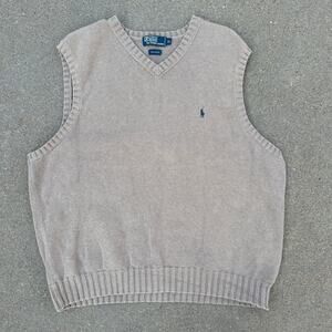Vintage 90s Polo Ralph Lauren Oatmeal Beige Tan Knit Sweater Vest XL 100% Cotton